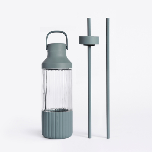 LuxePressKitchen Dual Cap Glass Hydration Bottle 25 oz Borosilicate Glass